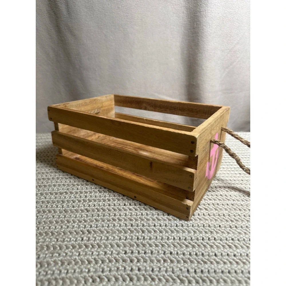Nautical Wooden Crate Blue Pink Anchor Jute Rope Handles Rustic Storage Box
